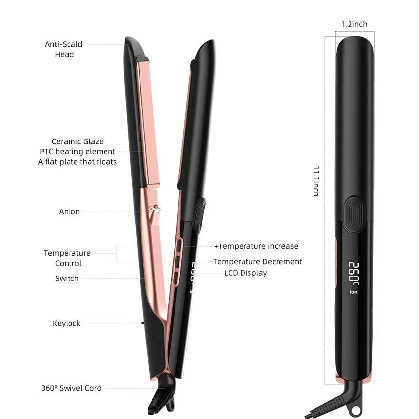 Hair straightener with temperature display and anion technology for hair styling