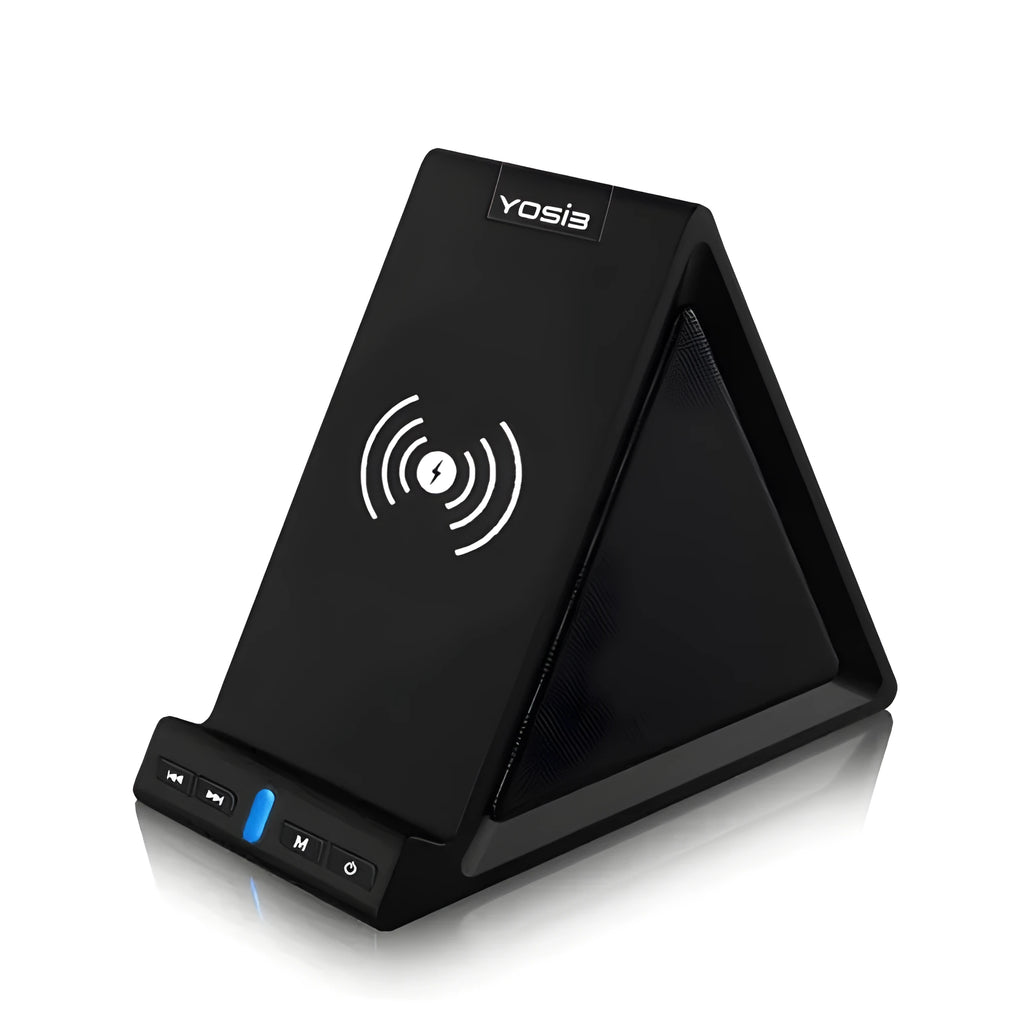 Black multifunctional Bluetooth speaker with integrated mobile phone stand and wireless charging capability
