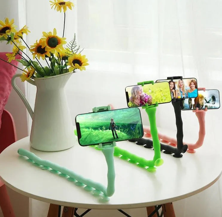 Black flexible rubber phone holder with suction cup extended on a 62cm arm