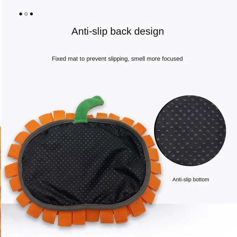 Orange pumpkin-shaped dog sniffing mat with soft fleece strips on a non-slip felt base