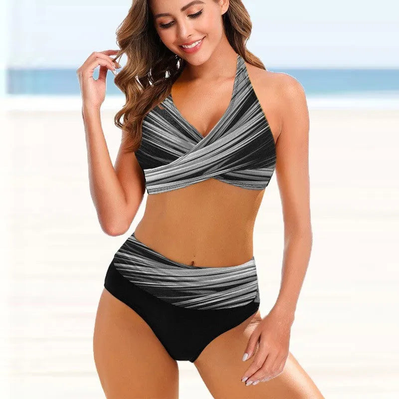 Women's striped tie-dye hollow back bikini with high-waisted briefs in multiple colour options