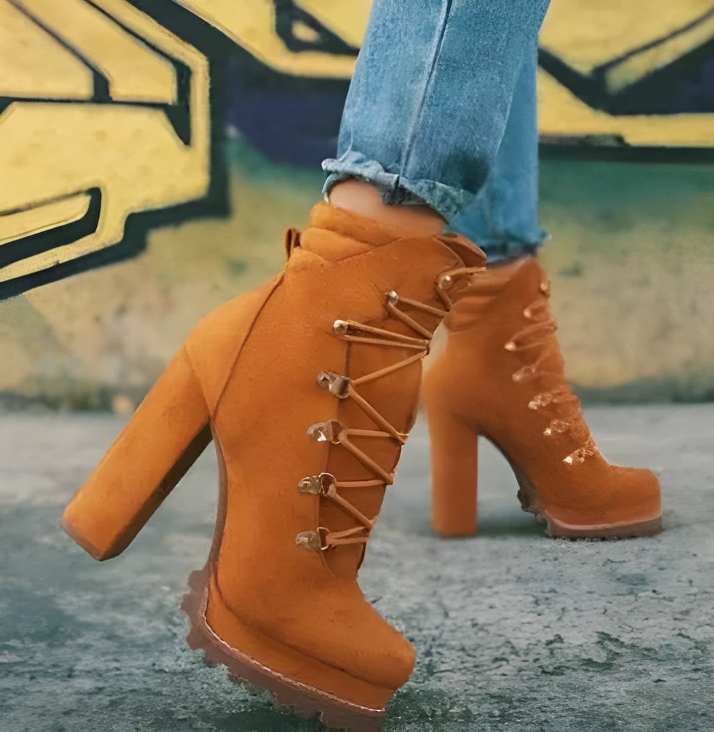 Women's suede high heel boots in army green with thick heel and waterproof platform