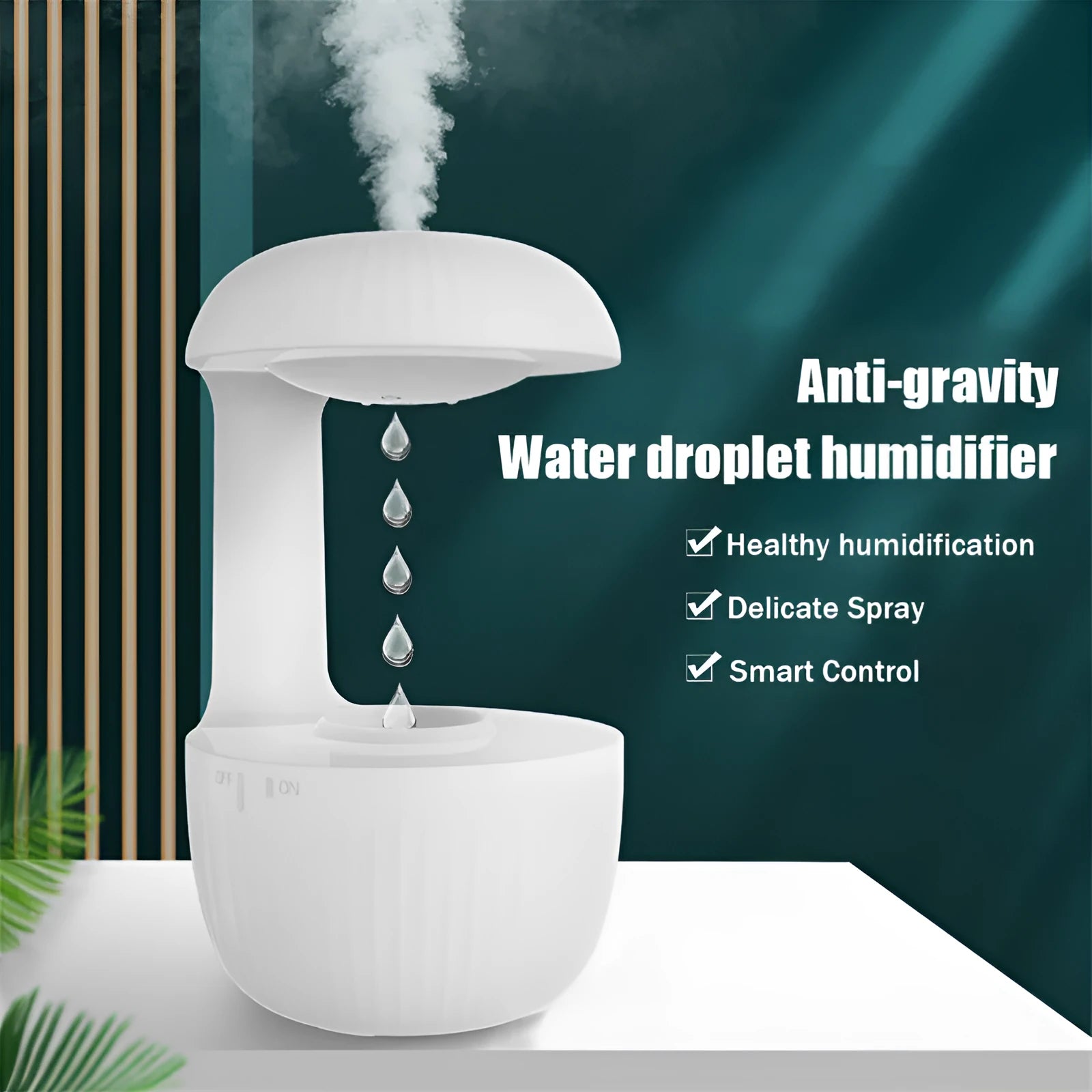 White anti-gravity air humidifier with ultrasonic mist levitating water drops on a desk