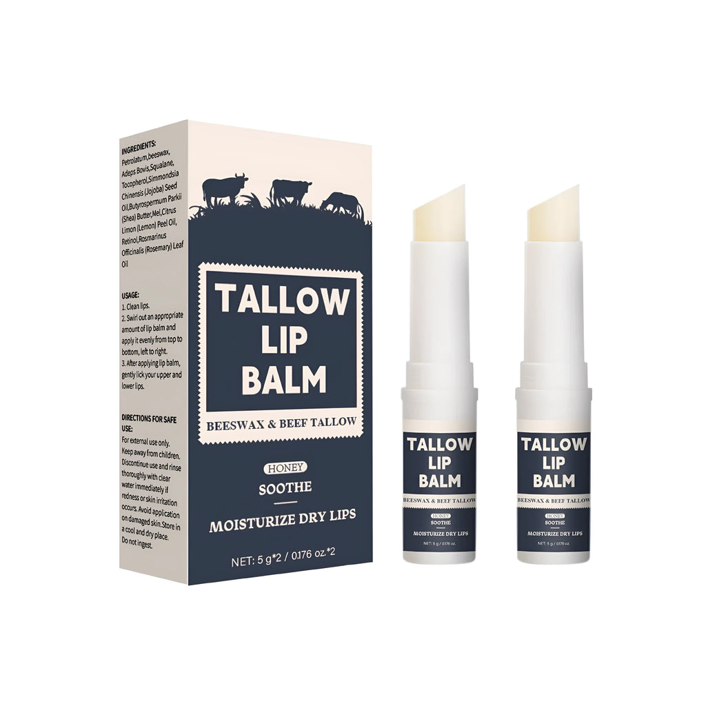 Two light grain soft lip balms with beef fat moisturising formula in standard packaging.