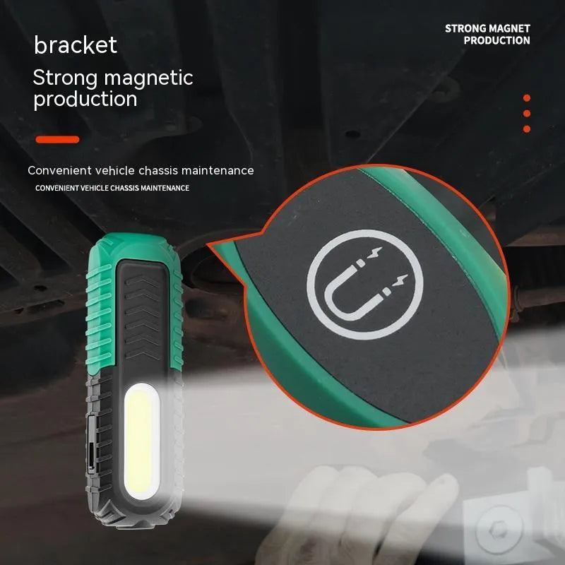 Black and green auto repair work light with USB charging port and 6500K white light for vehicle maintenance