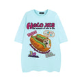 Cartoon hamburger dog printed cotton t-shirt in loose fit showing white, apricot and sky blue colour options