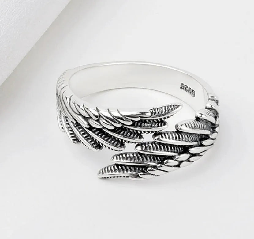 Love couple plain silver ring set with angel wings vintage finish and bracelet