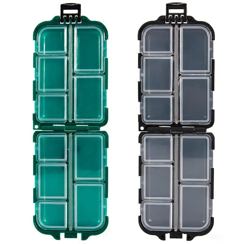 Small black plastic fishing tackle storage box with 10 open compartments