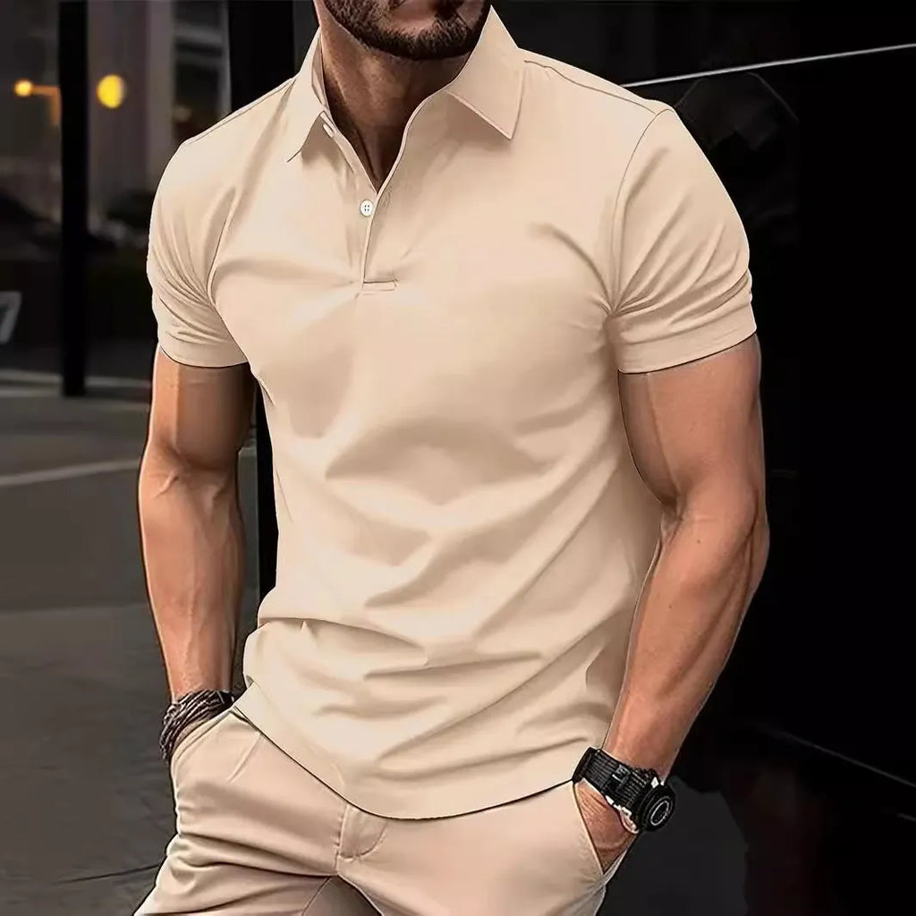 Men's slim fit casual button-up short sleeve shirt in cotton blend fabric, solid colour options