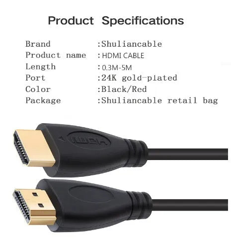 Gold-plated HDMI male-to-male cable in multiple lengths from 0.3 to 5 metres