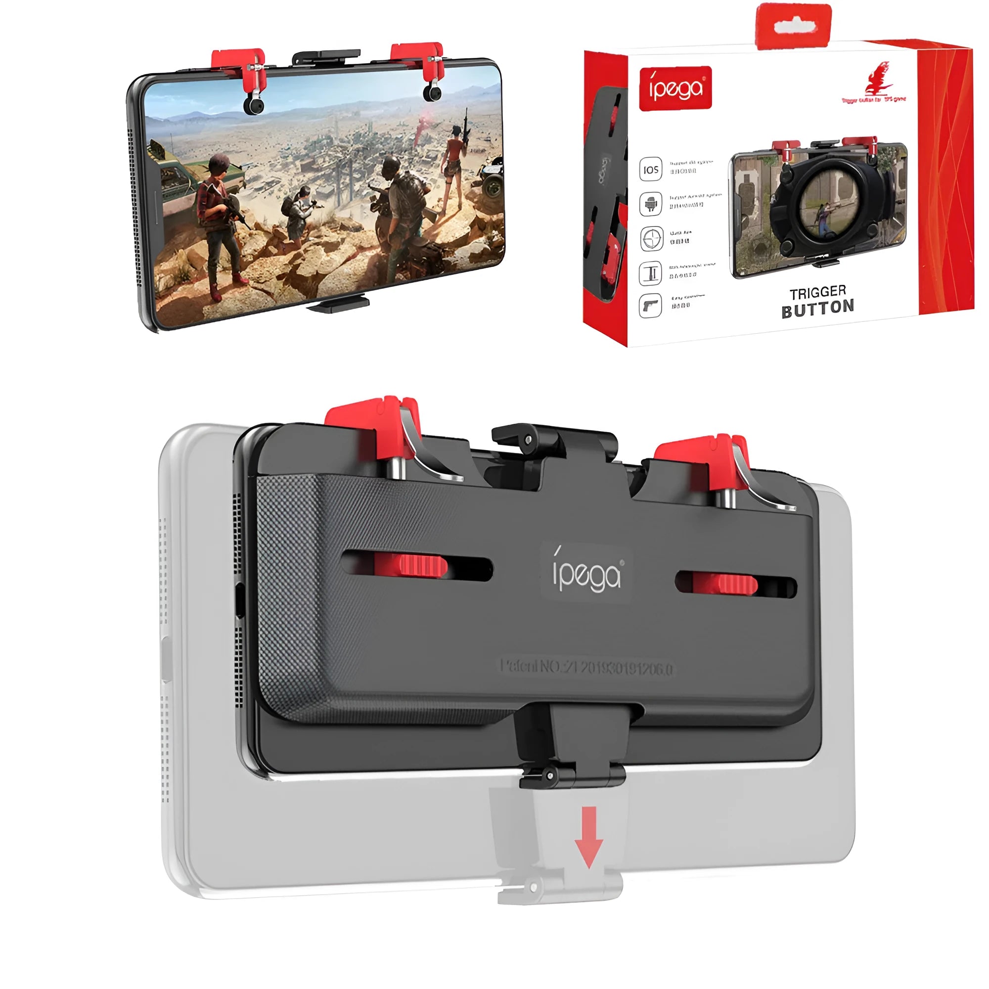 Black mobile gaming phone mount bracket with an extended metal trigger and telescopic clamping clip.