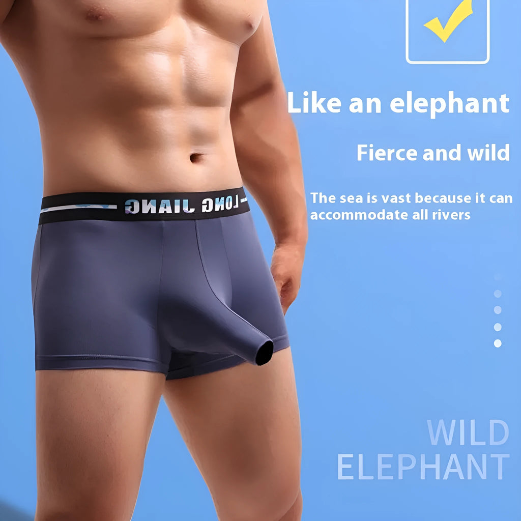 Men's ice silk trunk open boxer shorts in army green colour laid flat.