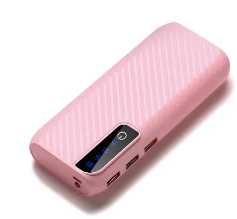 A compact 20000mAh portable power bank in various colours, showing its size and USB ports.