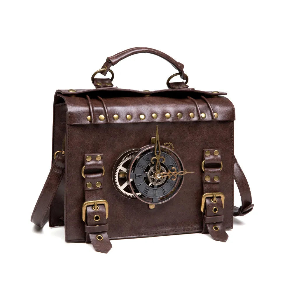 Bronze steampunk shoulder bag with metal detailing and horizontal pillow shape