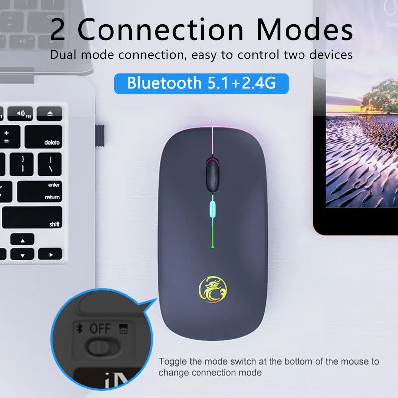Black or white wireless computer mouse with silent buttons and dual-mode wireless connectivity