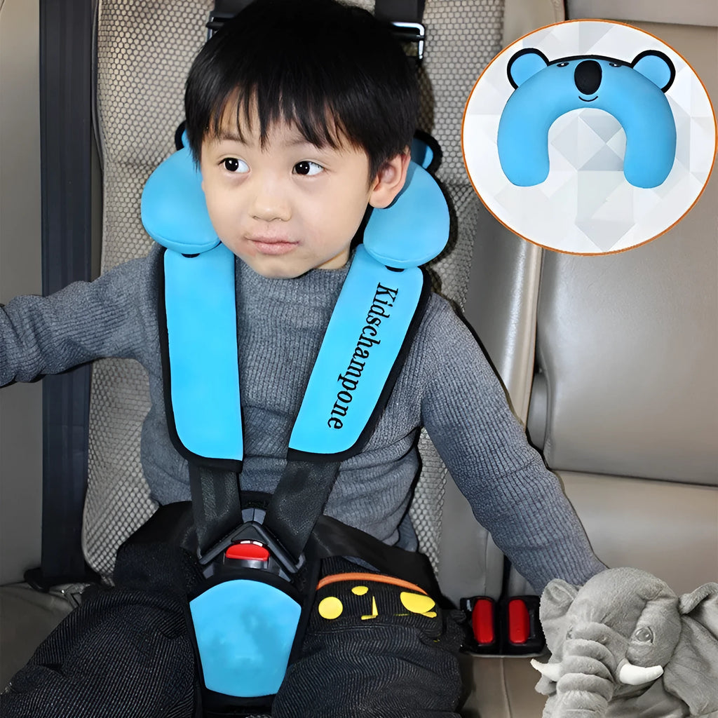 Portable child safety seat belt retainer with detachable headrest in multiple colour options