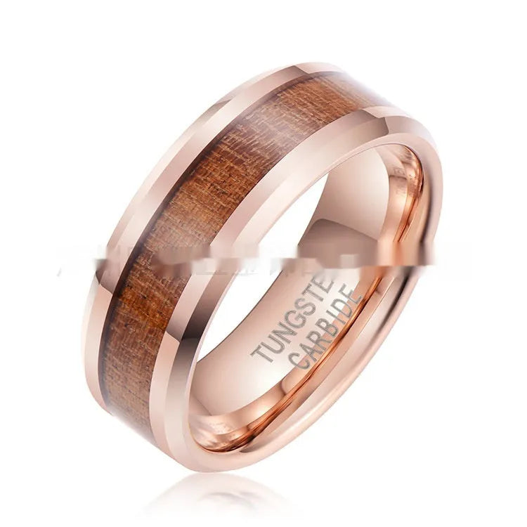Men's tungsten carbide ring with leather inlay, showing rose gold and steel colour options in U-shape design.