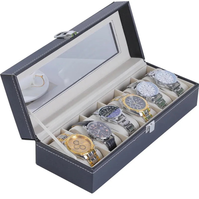 Grey high-grade leather watch storage box with dustproof see-through lid, 10-bit capacity