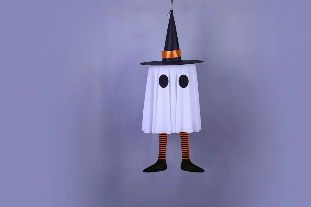 White Halloween wizard hat and ghost LED light string pendant hung indoors