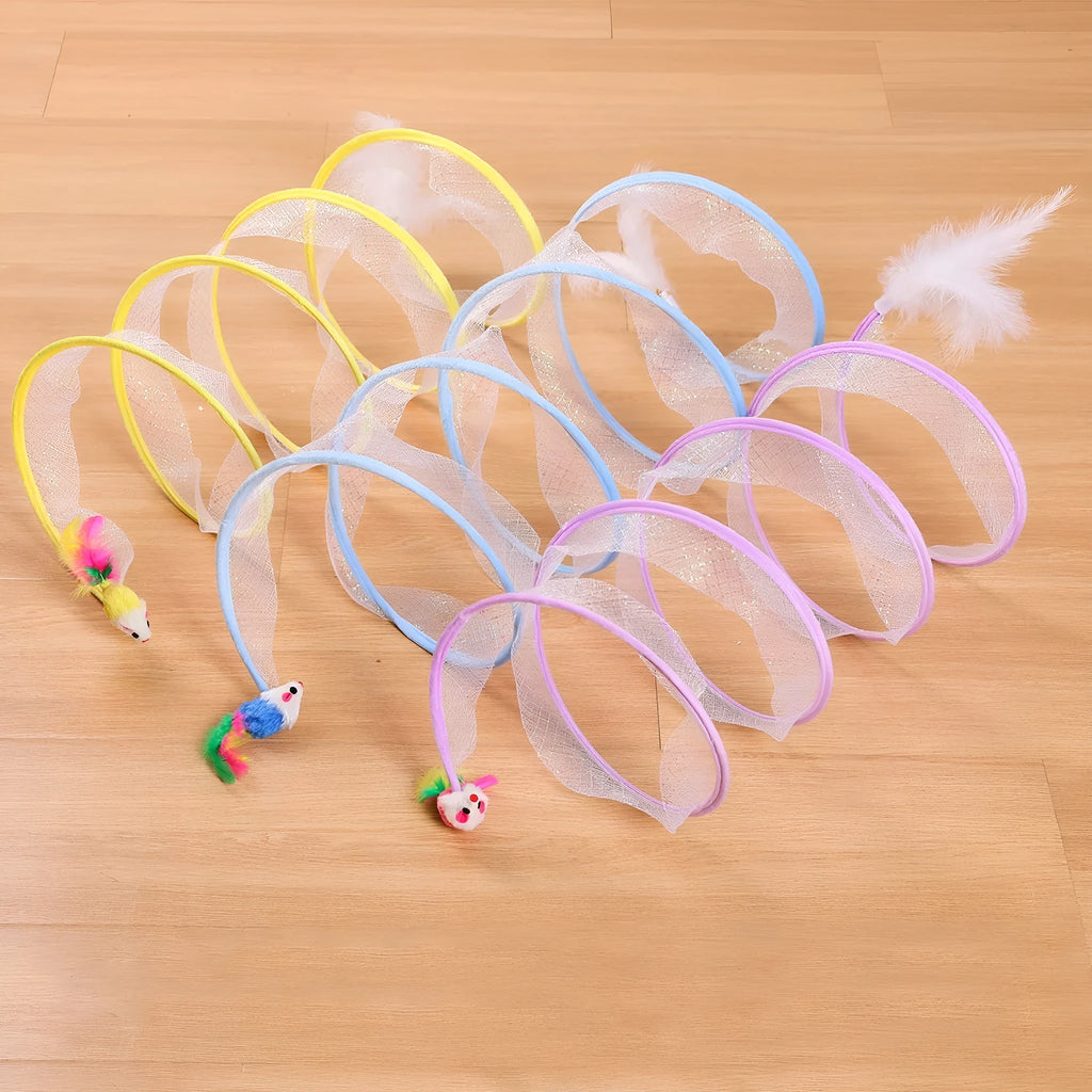 S-type cat tunnel with steel wire frame and elastic net walls, featuring attached feather toys, on a wooden floor