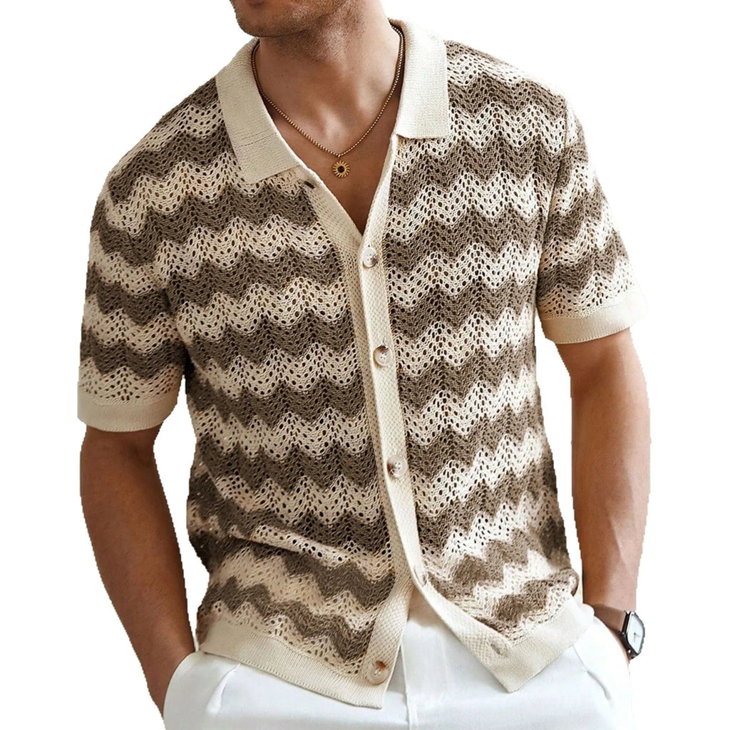 Short sleeve corrugated texture sweater in blue, brown, or yellow colours on a hanger.