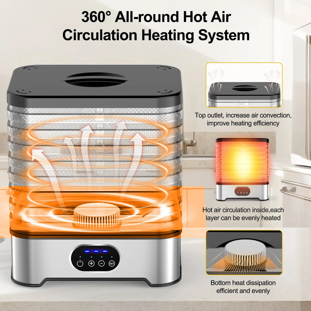 Silver and red household food dehydrator with eight stacking trays showing compact and expanded sizes.