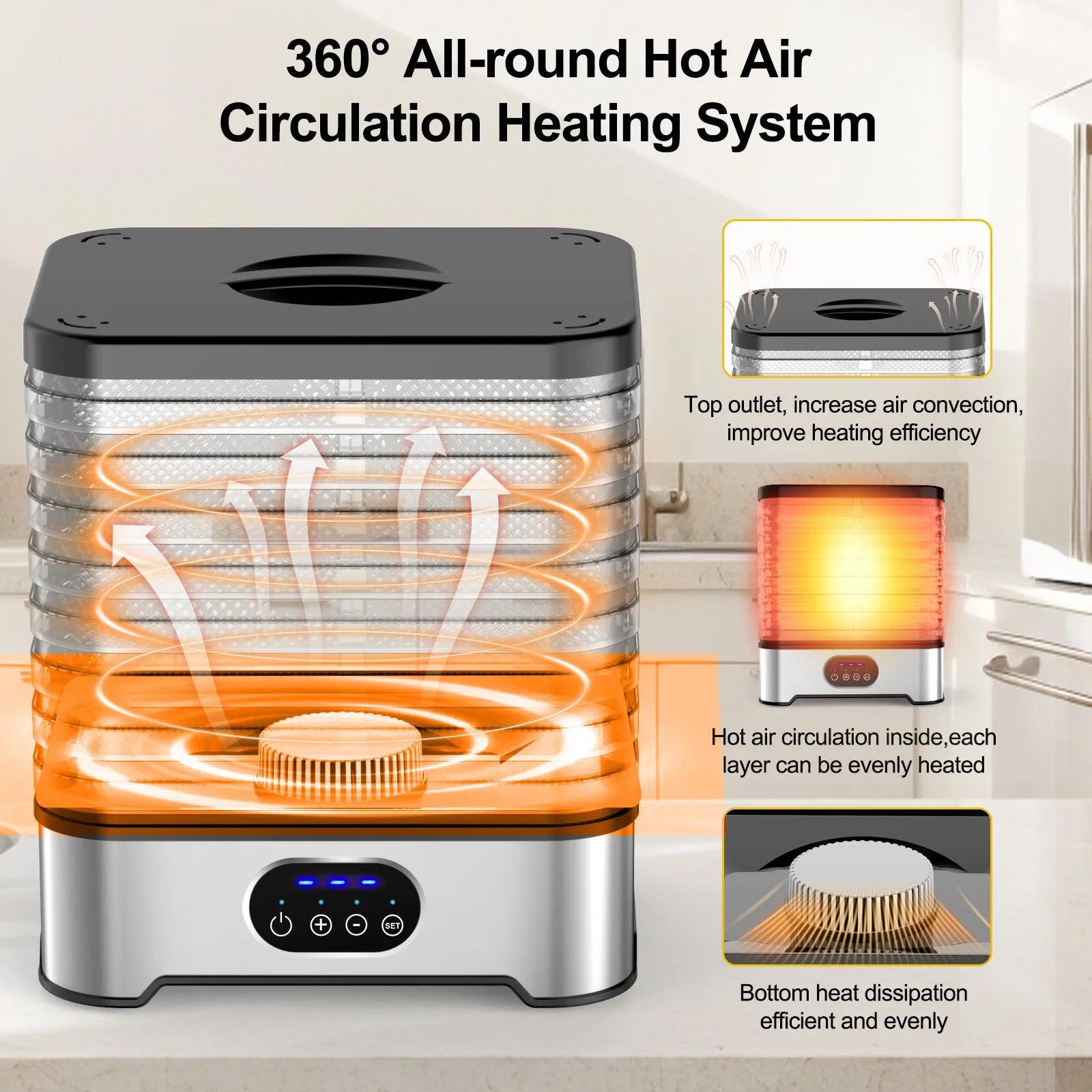 Silver and red household food dehydrator with eight stacking trays showing compact and expanded sizes.