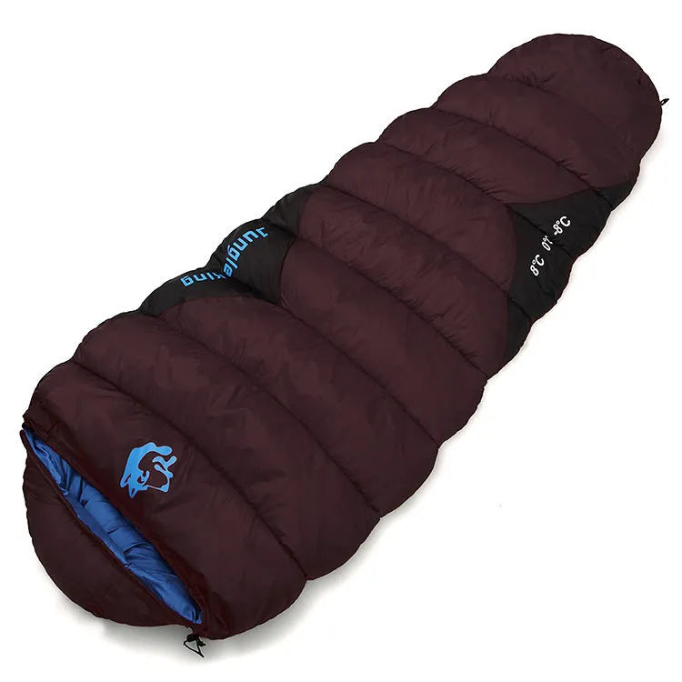 Army green cotton sleeping bag with compression sack for camping, shown with dimensions 230cm by 80cm.
