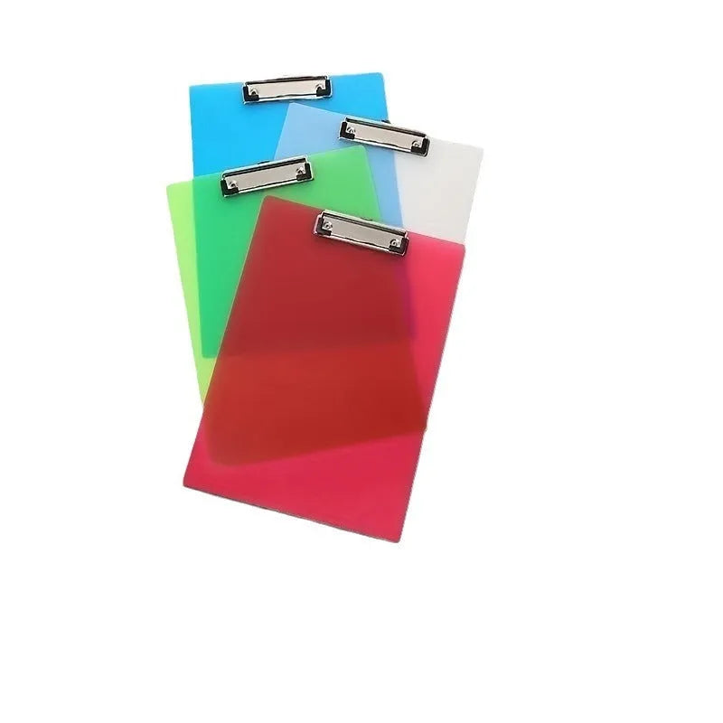 A4 blue plastic writing pad portfolio folder with metal clip, showing transparent front plate.