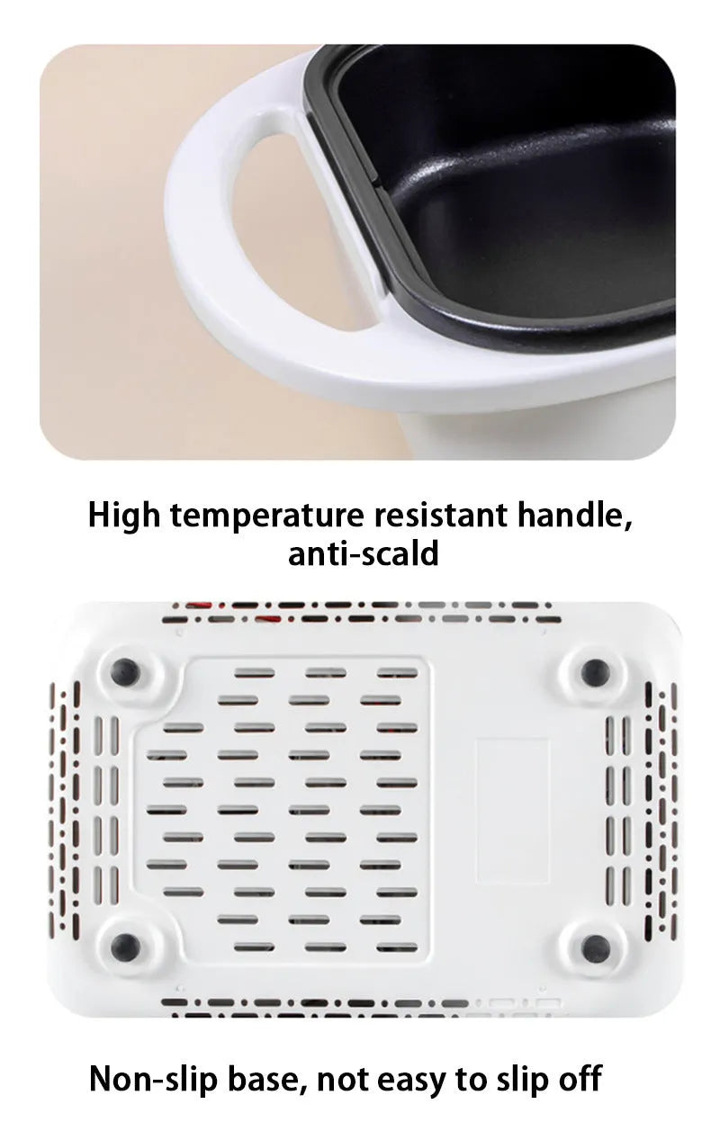White or green household electric hot pot and frying cauldron oven with mechanical dials, 390mm wide.