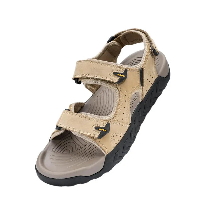 Men's breathable beach sandals with first layer cowhide upper and rubber sole in dark gray