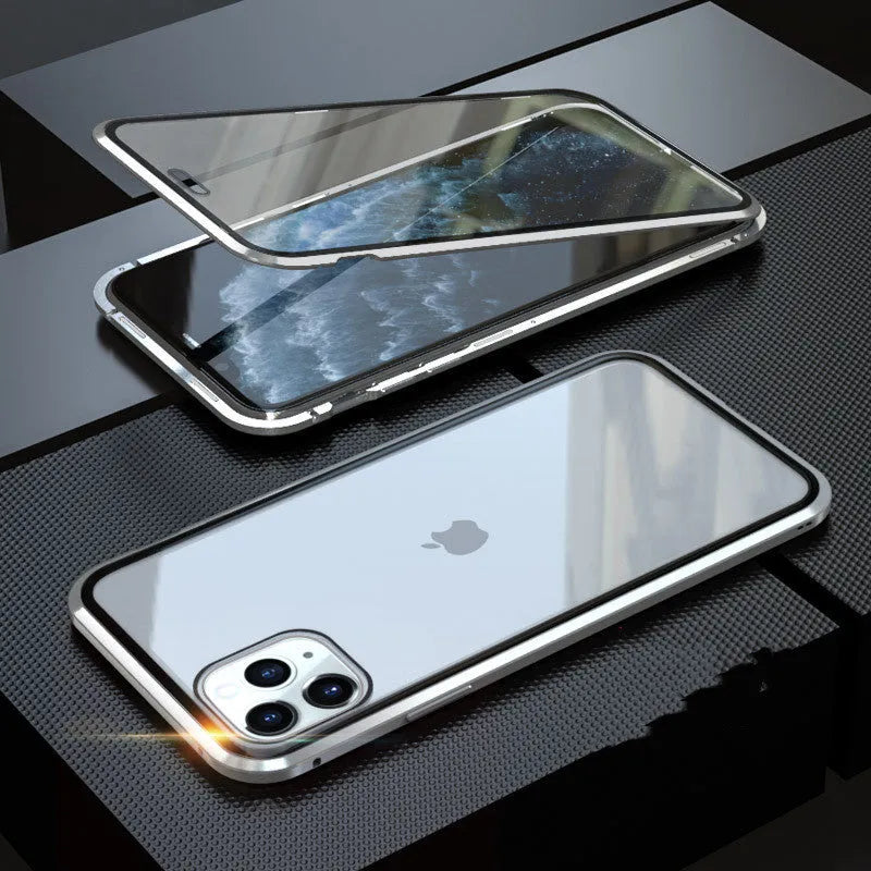 Glass anti-spy mobile phone case for iPhone with clamshell design and geometric pattern in multiple colours.