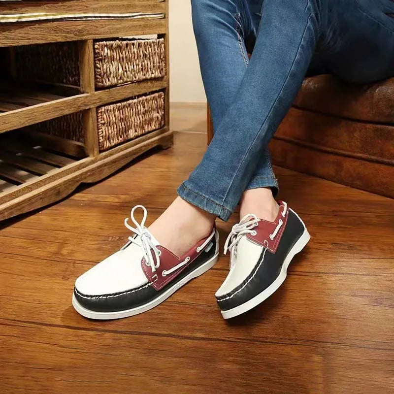 Men's British style casual shoes with artificial PU upper in various colours on a white background.