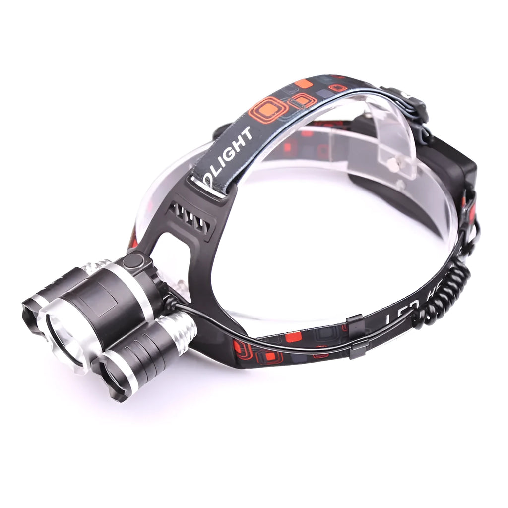Gold LED head torch with 5 LEDs, zoomable beam, and aluminium housing on dark background
