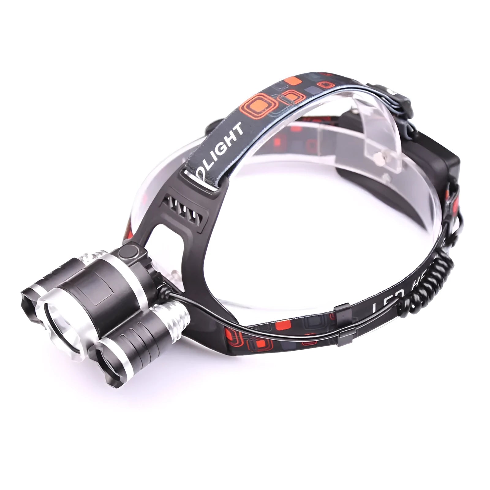 Gold LED head torch with 5 LEDs, zoomable beam, and aluminium housing on dark background