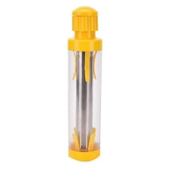 Yellow manual corn stripper with cylindrical ABS plastic body and stainless steel insert on white background