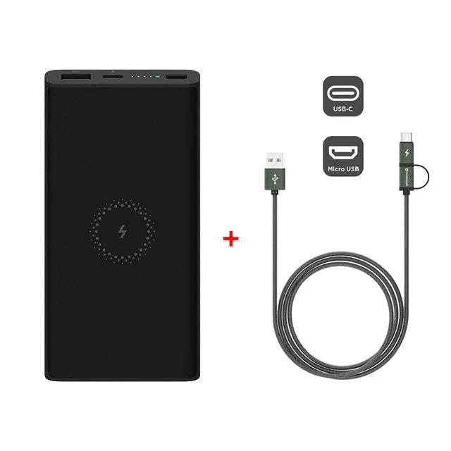 White and black 10000mAh power bank showing USB-C port and wireless charging surface