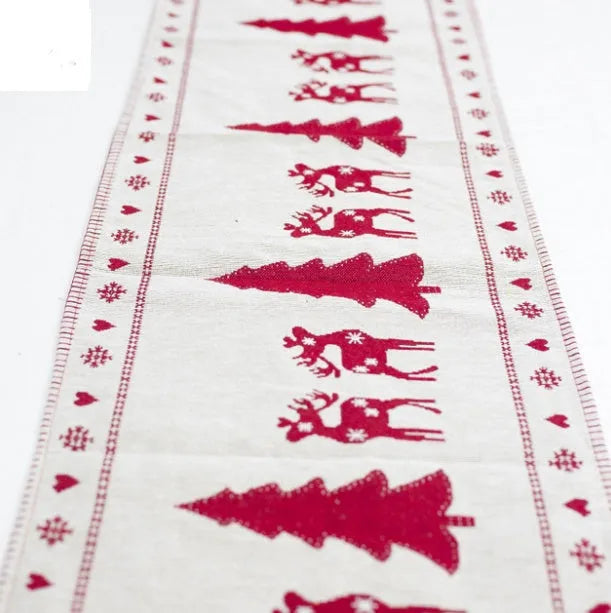 Cotton linen Christmas table runner 35x180cm with elk and snowman print for holiday dining