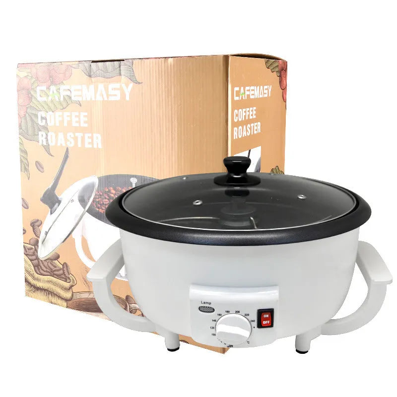 White oblate coffee bean roasting machine with 750g capacity and 225mm base diameter
