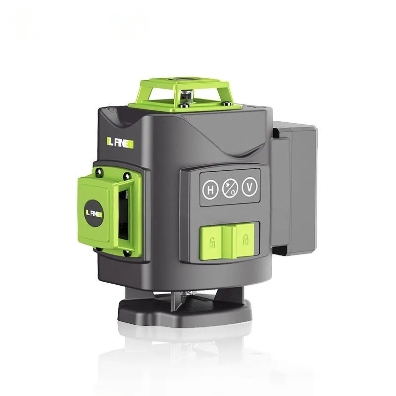 Green laser level projecting multiple lines with nylon and aluminium housing measuring 11x13.5x13.5cm
