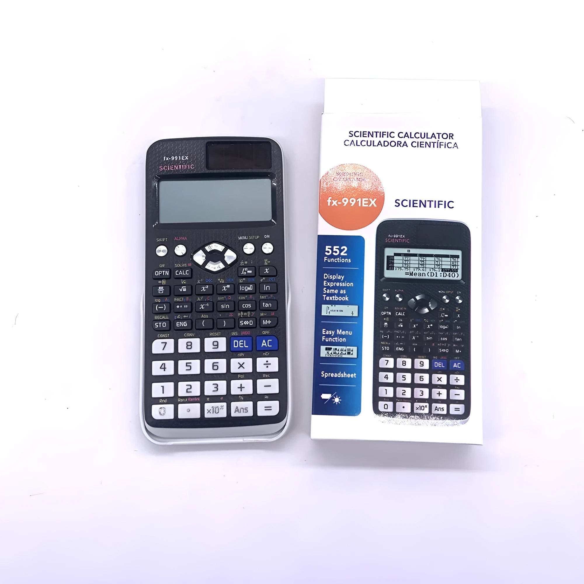 Casio fx-991EX scientific calculator in black, blue, or pink with solar panel and high-resolution LCD screen