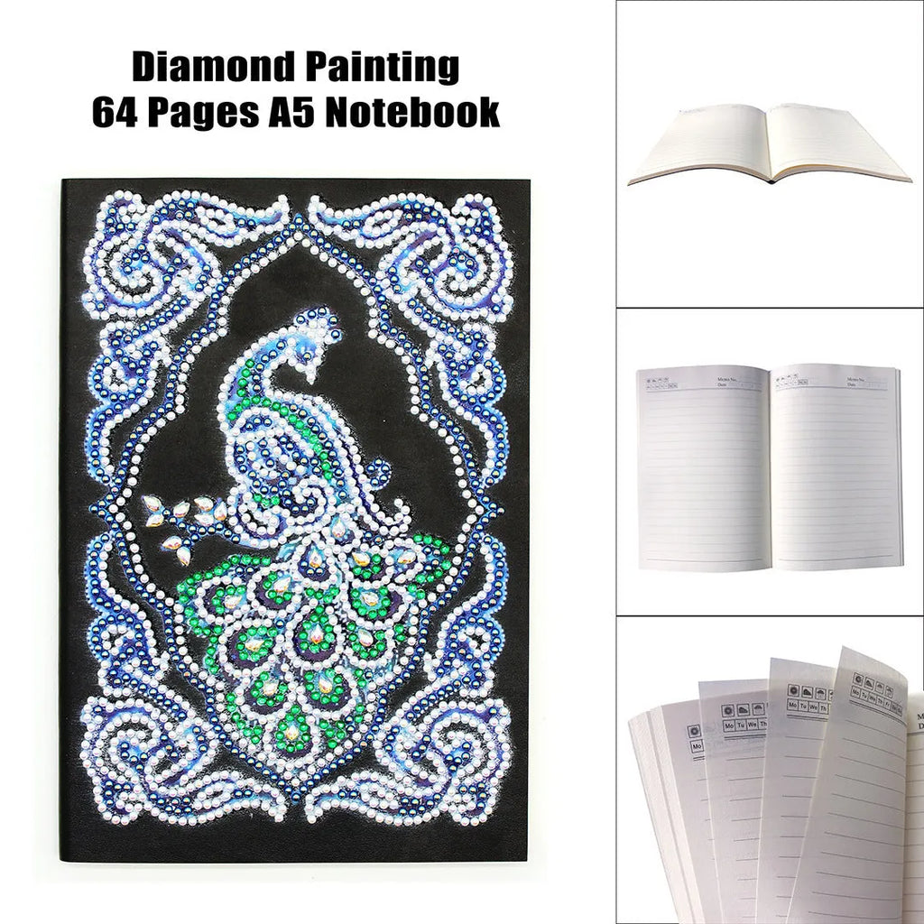 Peacock Beauty diamond painting notebook A5 size with shaped and bright drill decoration on black cover