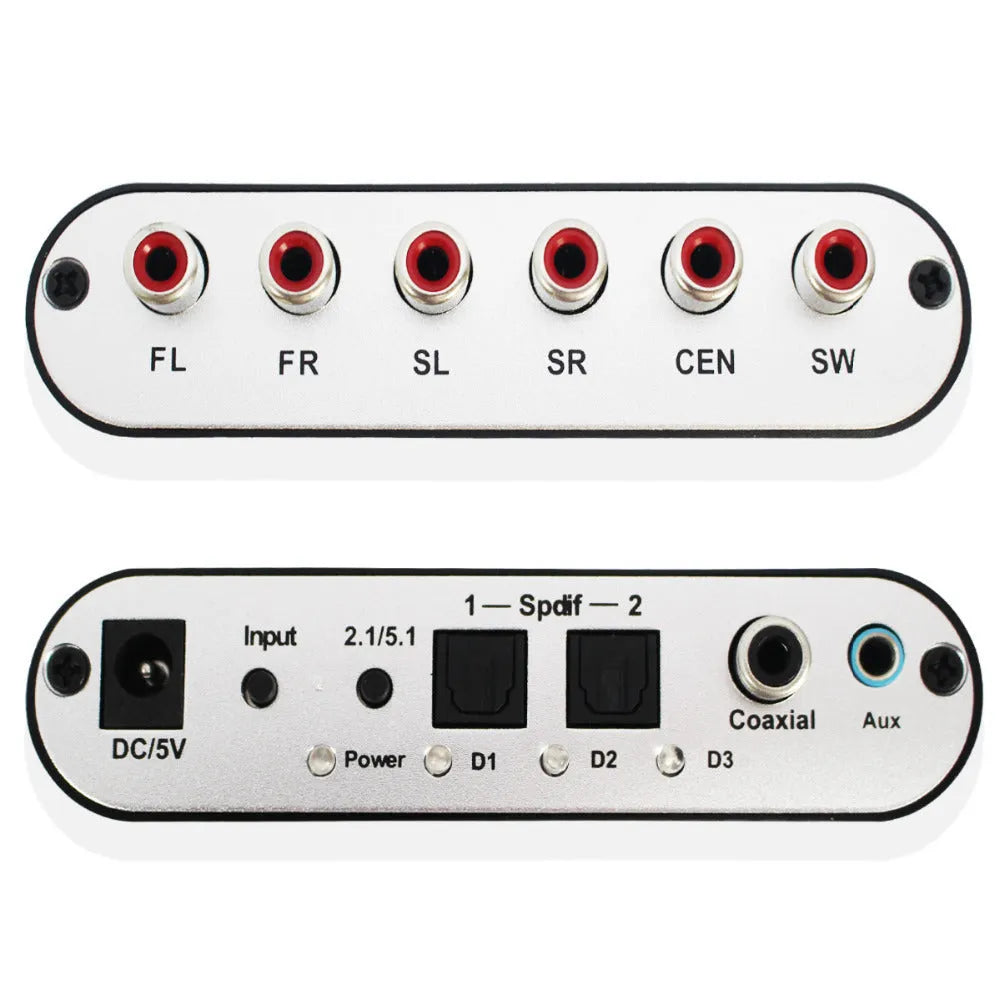 Black DTS digital to analogue audio decoder with optical coaxial and stereo inputs, 5.1 channel RCA outputs, and USB port