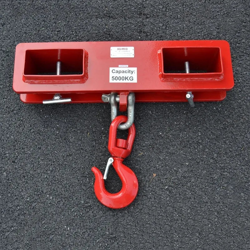 Rotatable iron forklift hook with safety locking device for converting a forklift to a mobile crane.
