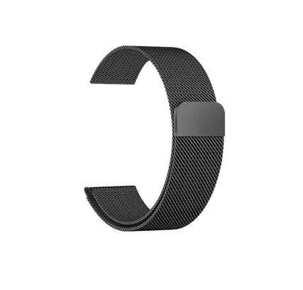 Stainless steel watch strap in silver, shown next to a watch, highlighting its 22mm width and link construction.