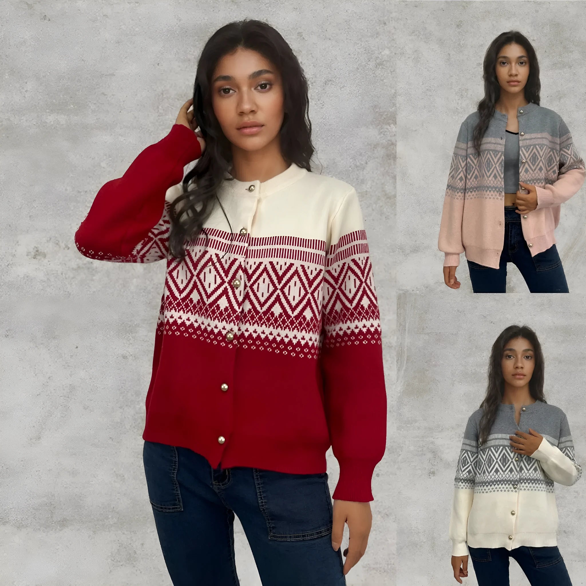 Women's long-sleeved contrast color diamond knitted alpaca wool cardigan free size