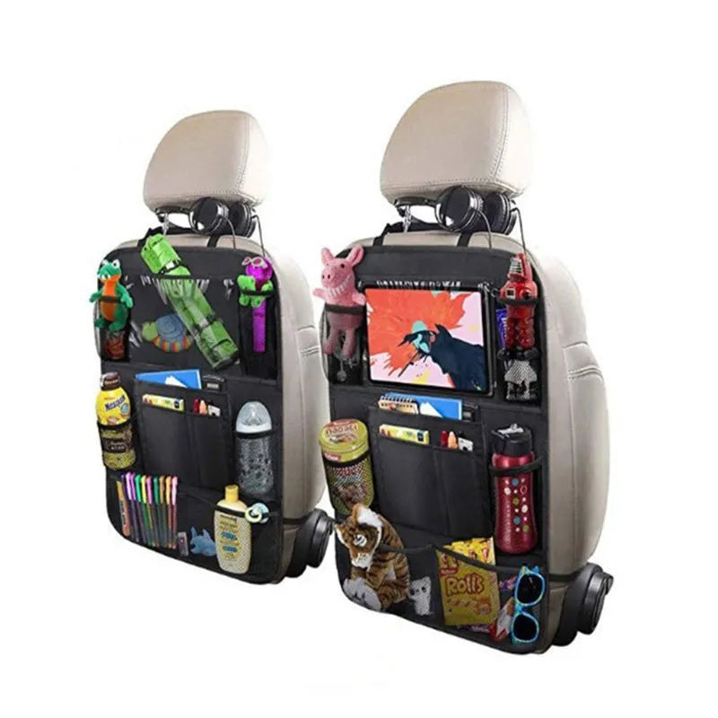 Black car storage bag made from Oxford fabric, measuring 61 cm by 41 cm, attached to a car seat back pocket