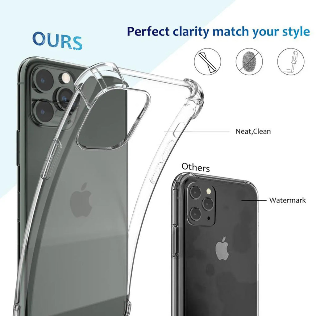 Clear transparent TPU shockproof iPhone case shown on a phone, compatible with models 6 to 13 Pro Max.