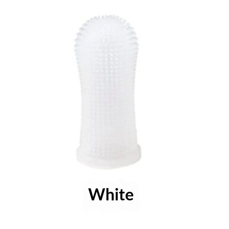 360-degree silicone finger toothbrush for dogs and cats in blue with soft bristles on a white background