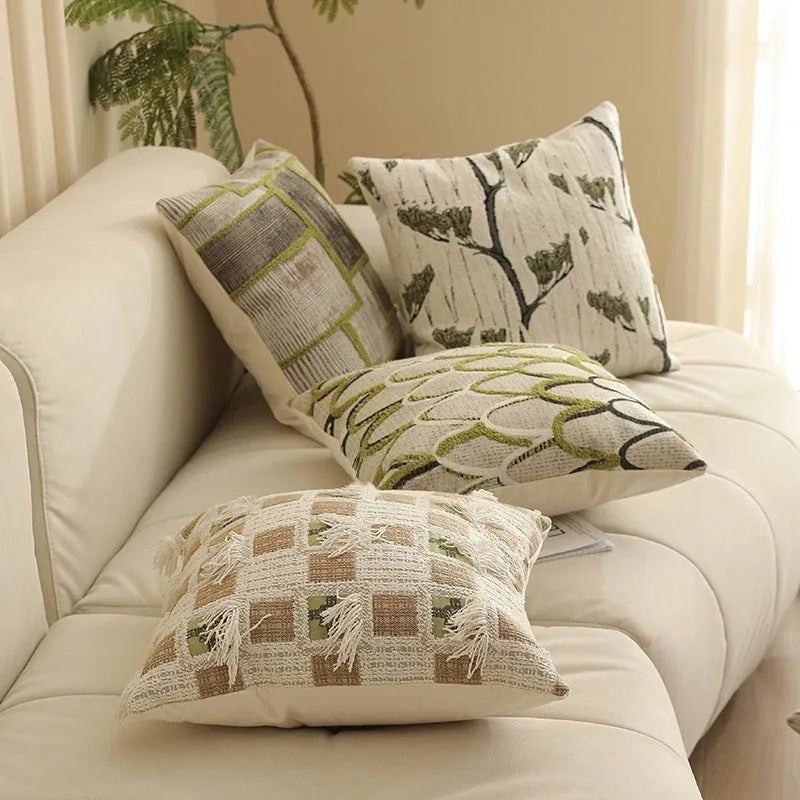 Square Jacquard floral cushion cover in a choice of colours, showing textured plants and flowers pattern.